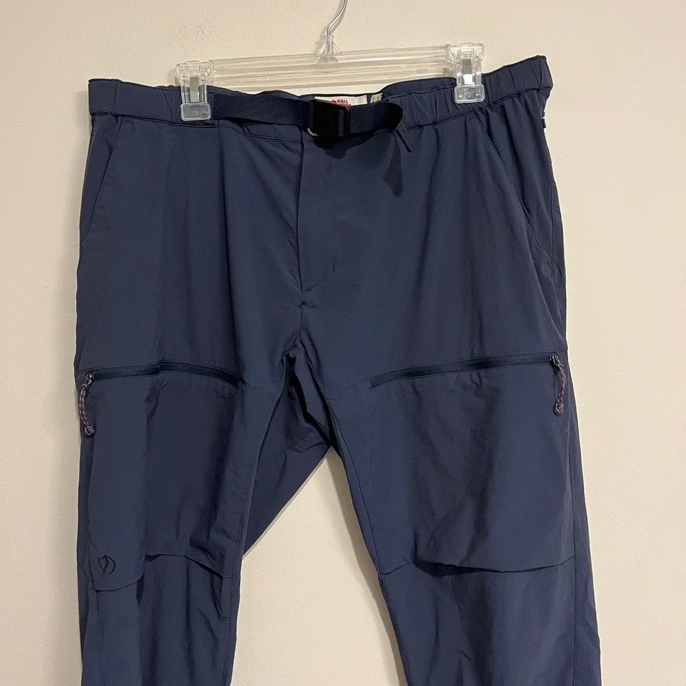 Mens Fjallraven Pants High Coast Hike Trousers Belted Navy Blue 37 Long Outdoor